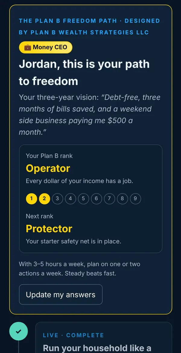 The Freedom Path screen in the Plan B CEO Engine, with sample numbers